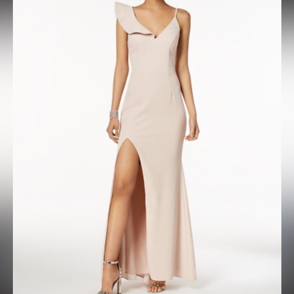 Xscape Women'S Pink V-Neck Ruffle Shoulder Sleeveless Slit Dress